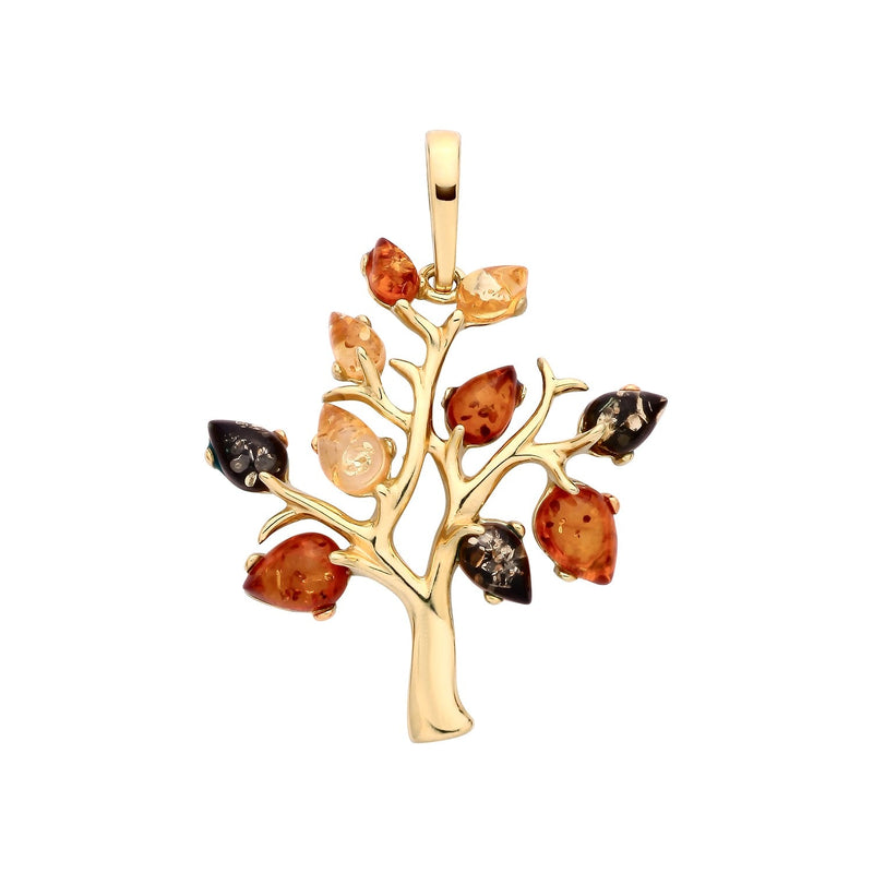 Gold Plated Sterling Silver Natural Baltic Amber Multi Coloured Tree of Life Pendant