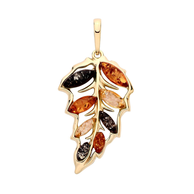 Gold Plated Sterling Silver Natural Baltic Amber Mixed Leaf Pendant