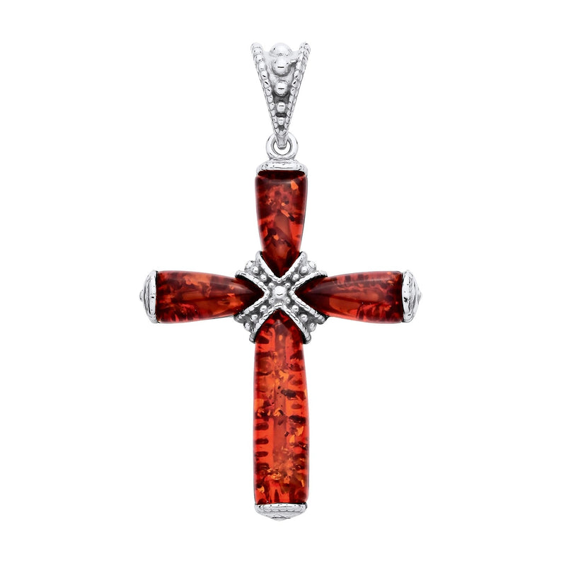 Sterling Silver Natural Baltic Amber Four-Stone Cross Pendant