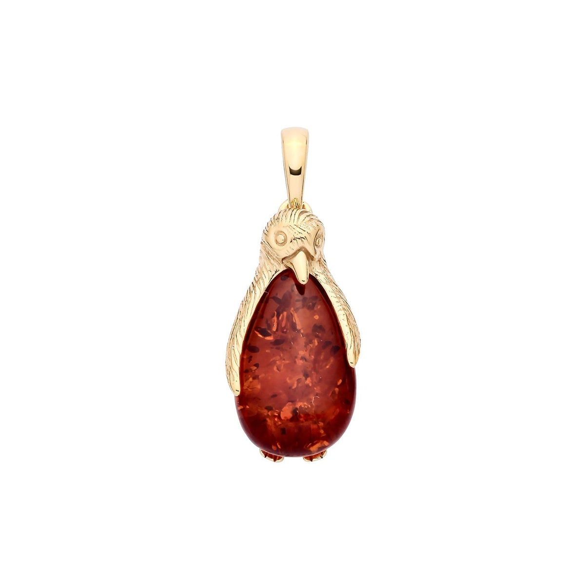 Gold Plated Sterling Silver Natural Baltic Amber Penguin Pendant