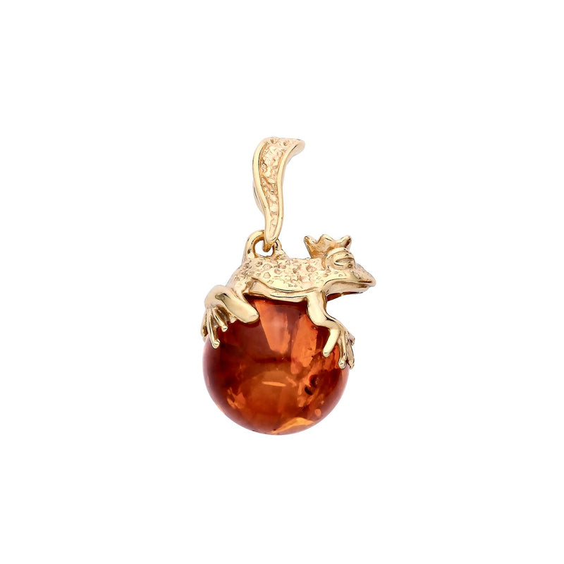 Gold Plated Sterling Silver Natural Baltic Amber Frog on Ball Pendant