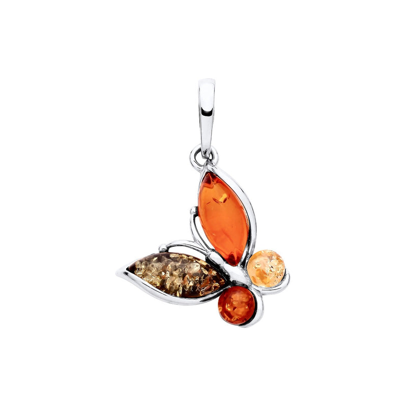 Sterling Silver Natural Baltic Amber Multi Coloured Butterfly Pendant