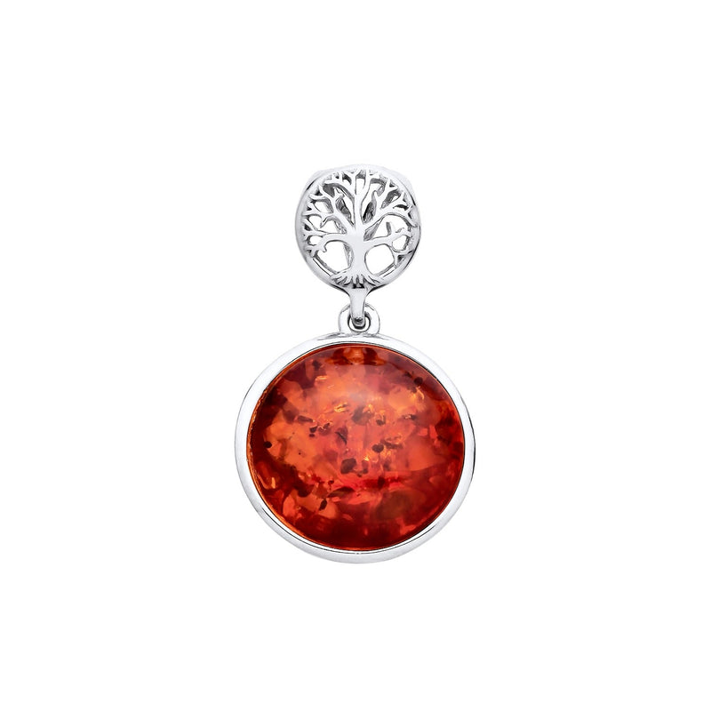 Sterling Silver Natural Baltic Amber Tree of Life Motif & Round Amber Pendant