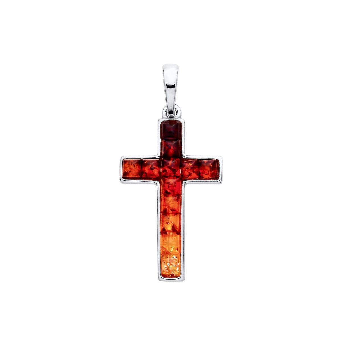 Sterling Silver Natural Baltic Amber Multi Coloured Mosaic Cross Pendant