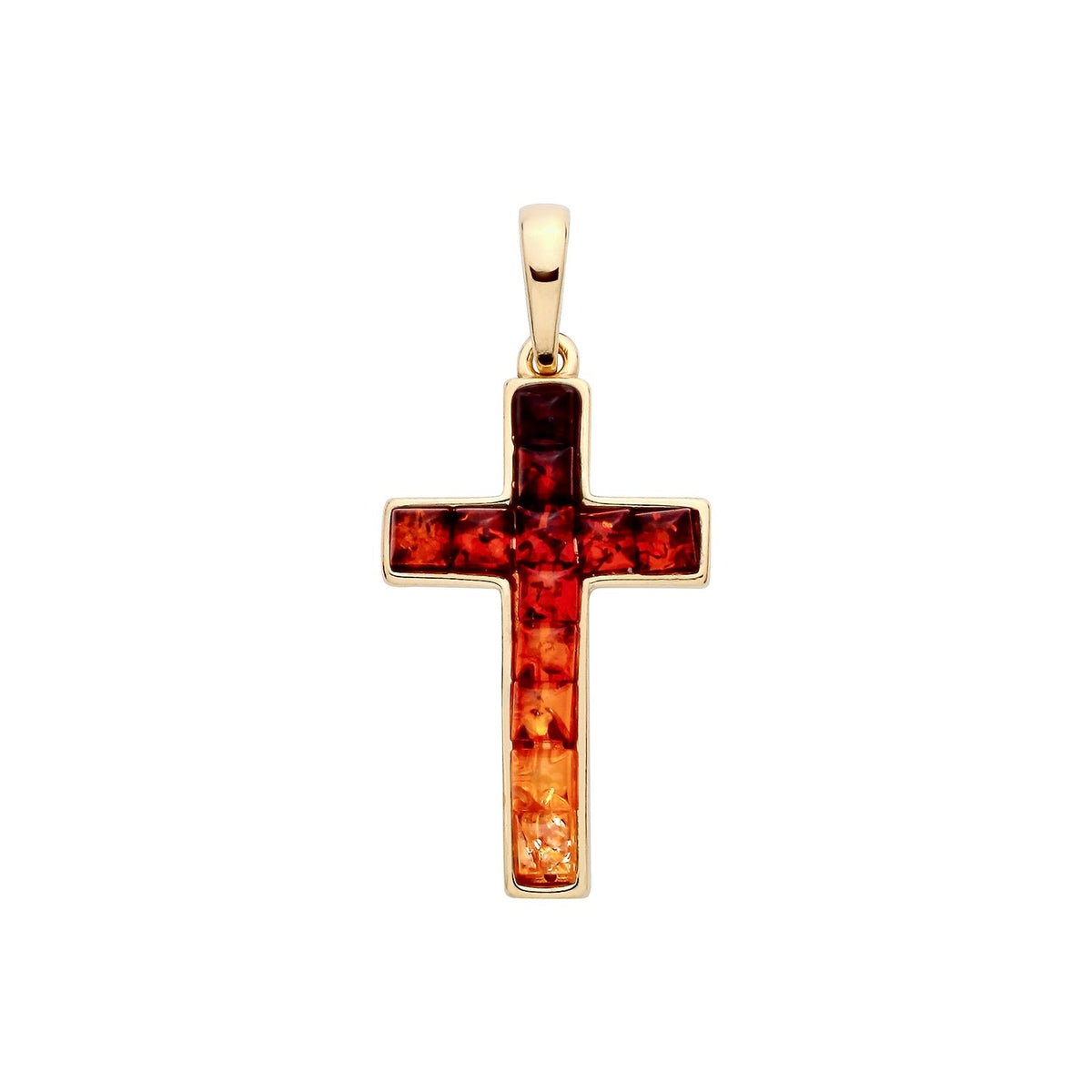 Gold Plated Sterling Silver Natural Baltic Amber Multi Coloured Mosaic Cross Pendant