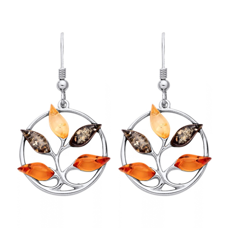 Sterling Silver Natural Baltic Amber Multi Leaf Drop Earrings