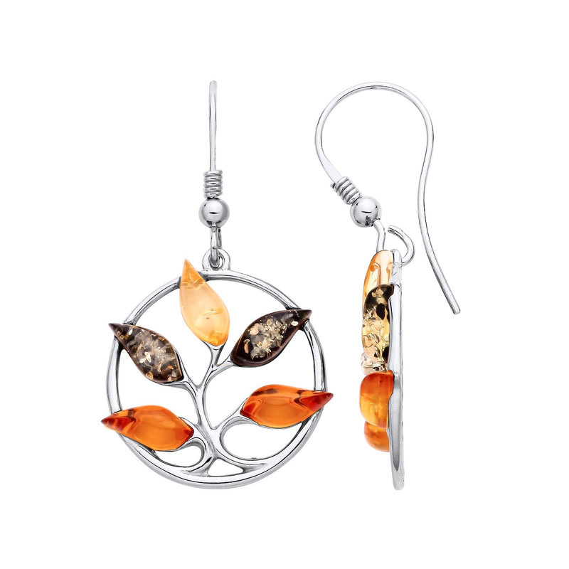 Sterling Silver Natural Baltic Amber Multi Leaf Drop Earrings