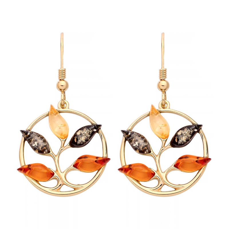 Gold Plated Sterling Silver Natural Baltic Amber Multi Leaf Drop Earrings