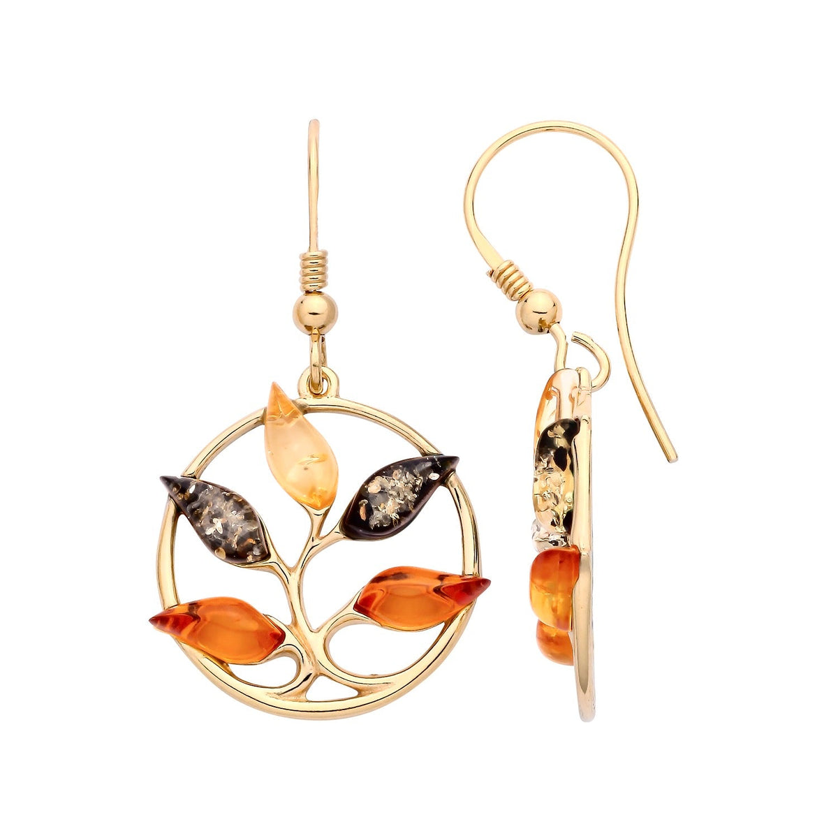 Gold Plated Sterling Silver Natural Baltic Amber Multi Leaf Drop Earrings