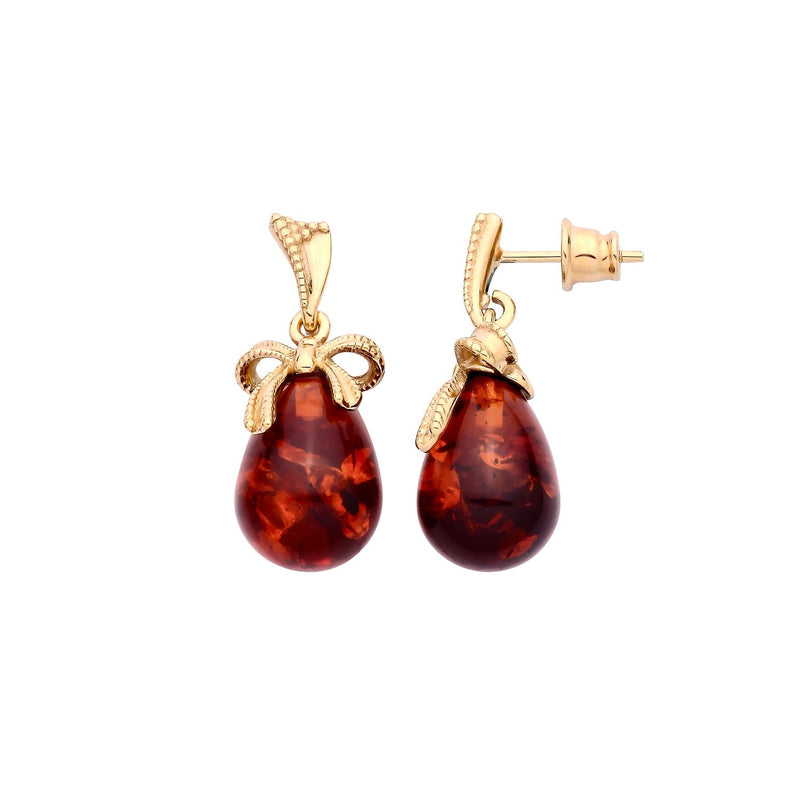 Gold Plated Sterling Silver Natural Baltic Amber Bow Ribbon Drop Earrings