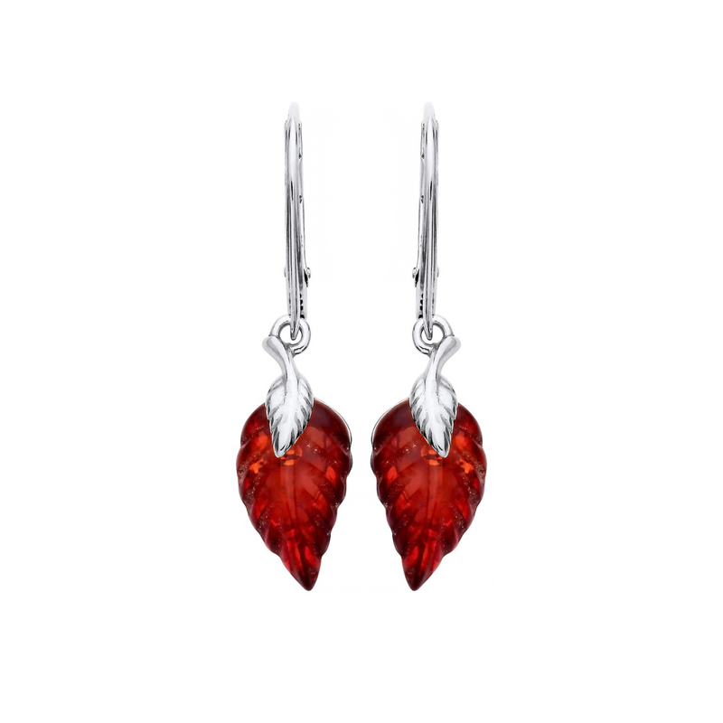 Sterling Silver Natural Baltic Amber Leaf Drop Earrings