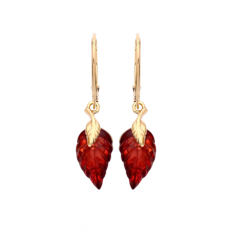 Gold Plated Sterling Silver Natural Baltic Amber Leaf Drop Earrings