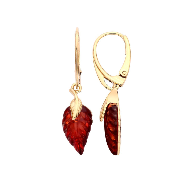 Gold Plated Sterling Silver Natural Baltic Amber Leaf Drop Earrings