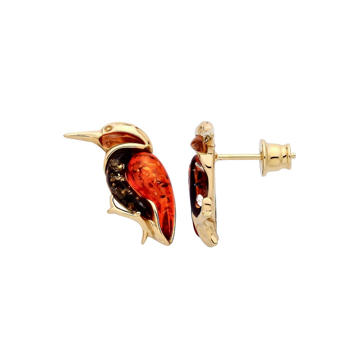 Gold Plated Sterling Silver Natural Baltic Amber Kingfisher Drop Earrings