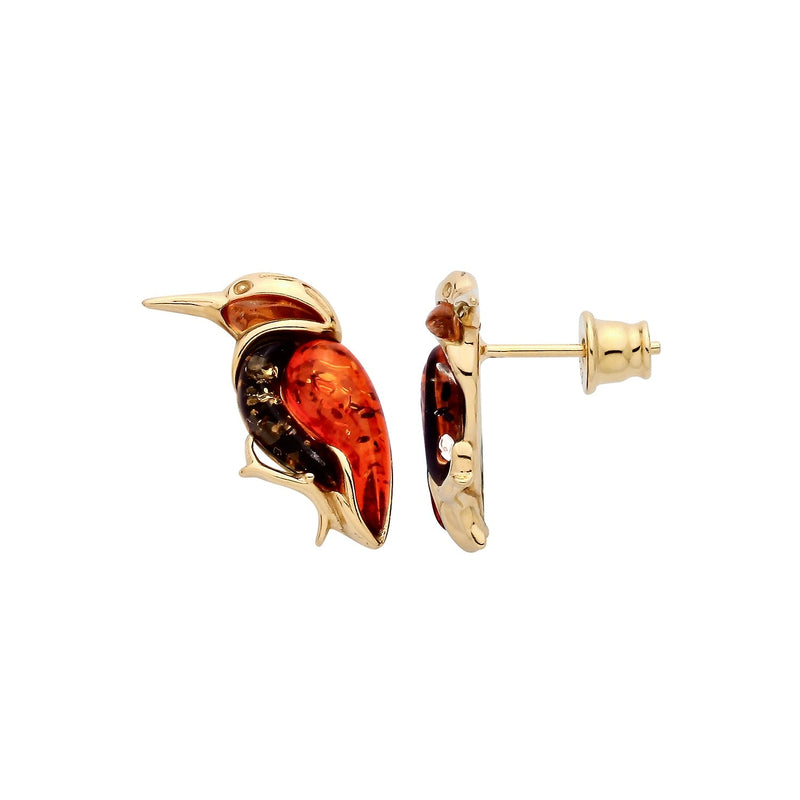 Gold Plated Sterling Silver Natural Baltic Amber Kingfisher Drop Earrings