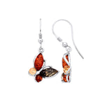 Sterling Silver Natural Baltic Amber Multi Coloured Butterfly Drop Earrings