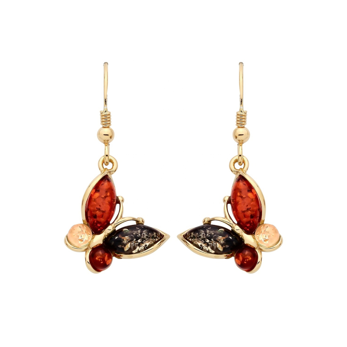 Gold Plated Sterling Silver Natural Baltic Amber Multi Coloured Butterfly Drop Earrings