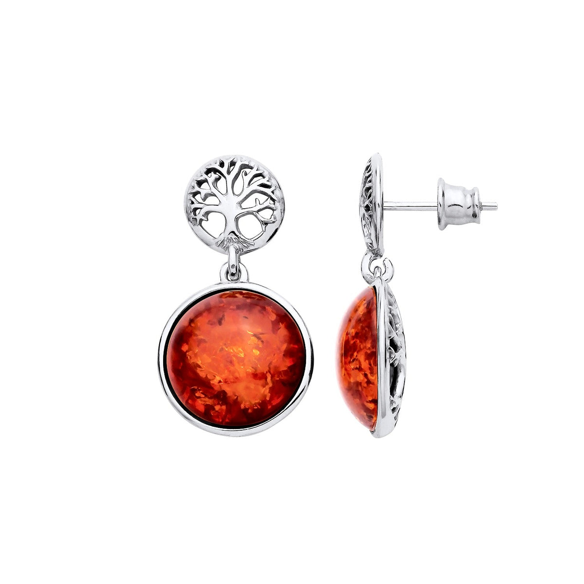 Sterling Silver Natural Baltic Amber Tree of Life Motif & Round Amber Drop Earrings