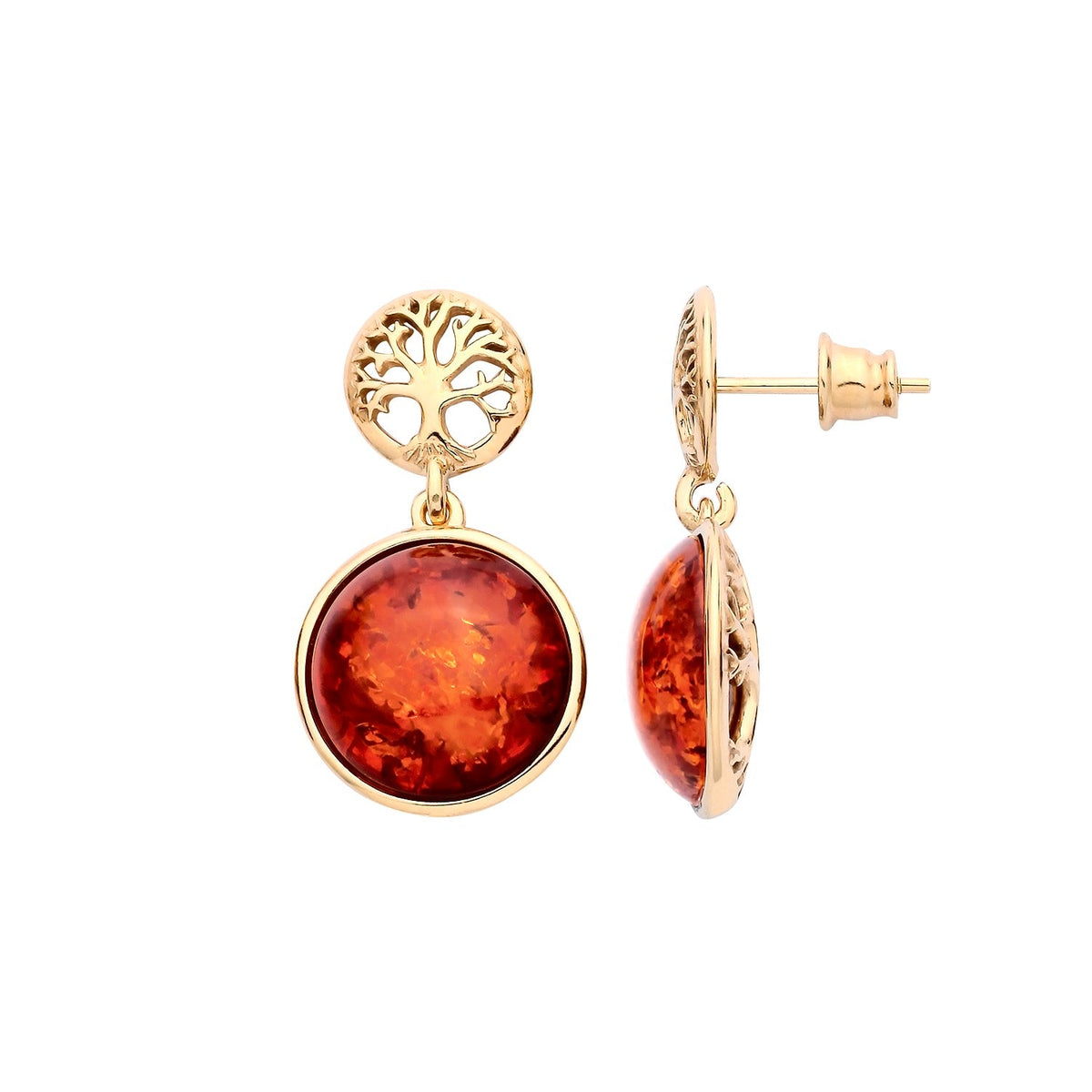 Gold Plated Sterling Silver Natural Baltic Amber Tree of Life Motif & Round Amber Drop Earrings