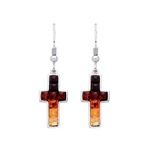 Sterling Silver Natural Baltic Amber Multi Coloured Mosaic Cross Drop Earrings