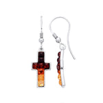 Sterling Silver Natural Baltic Amber Multi Coloured Mosaic Cross Drop Earrings