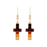 Gold Plated Sterling Silver Natural Baltic Amber Multi Coloured Mosaic Cross Drop Earrings