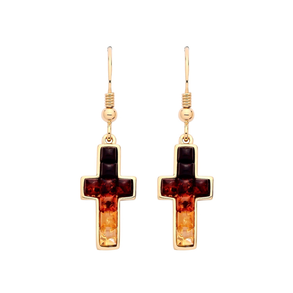 Gold Plated Sterling Silver Natural Baltic Amber Multi Coloured Mosaic Cross Drop Earrings