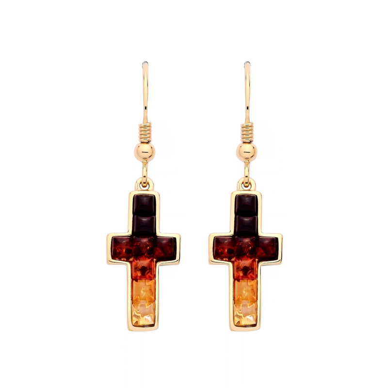 Gold Plated Sterling Silver Natural Baltic Amber Multi Coloured Mosaic Cross Drop Earrings