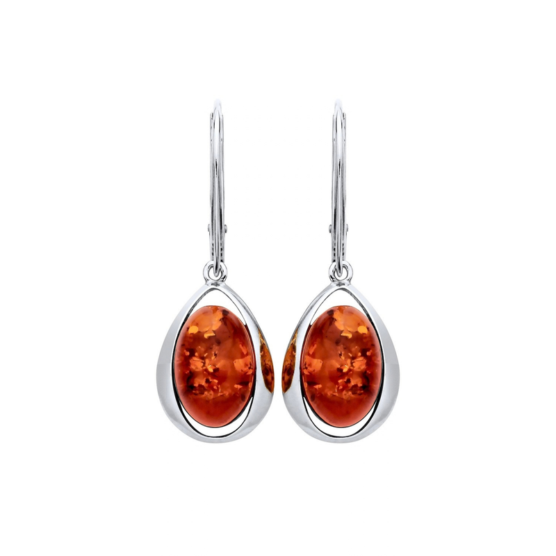 Sterling Silver Natural Baltic Amber Open Teardrop Oval Drop Earrings