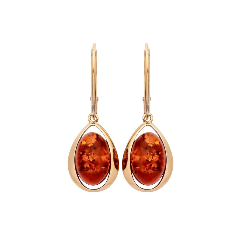 Gold Plated Sterling Silver Natural Baltic Amber Open Teardrop Oval Drop Earrings