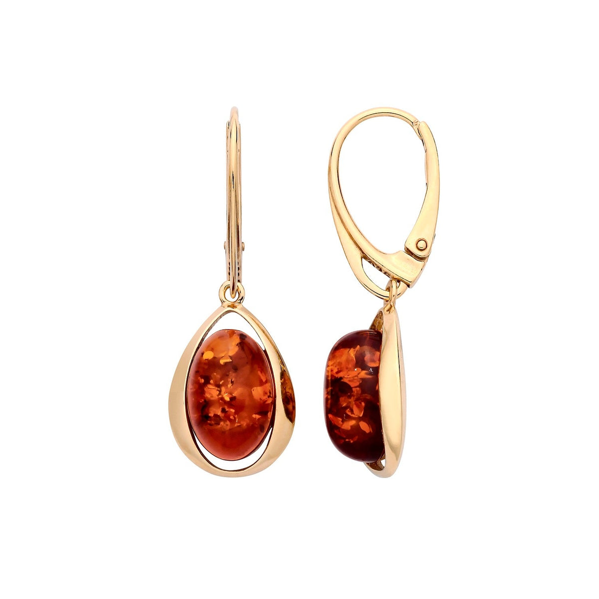Gold Plated Sterling Silver Natural Baltic Amber Open Teardrop Oval Drop Earrings
