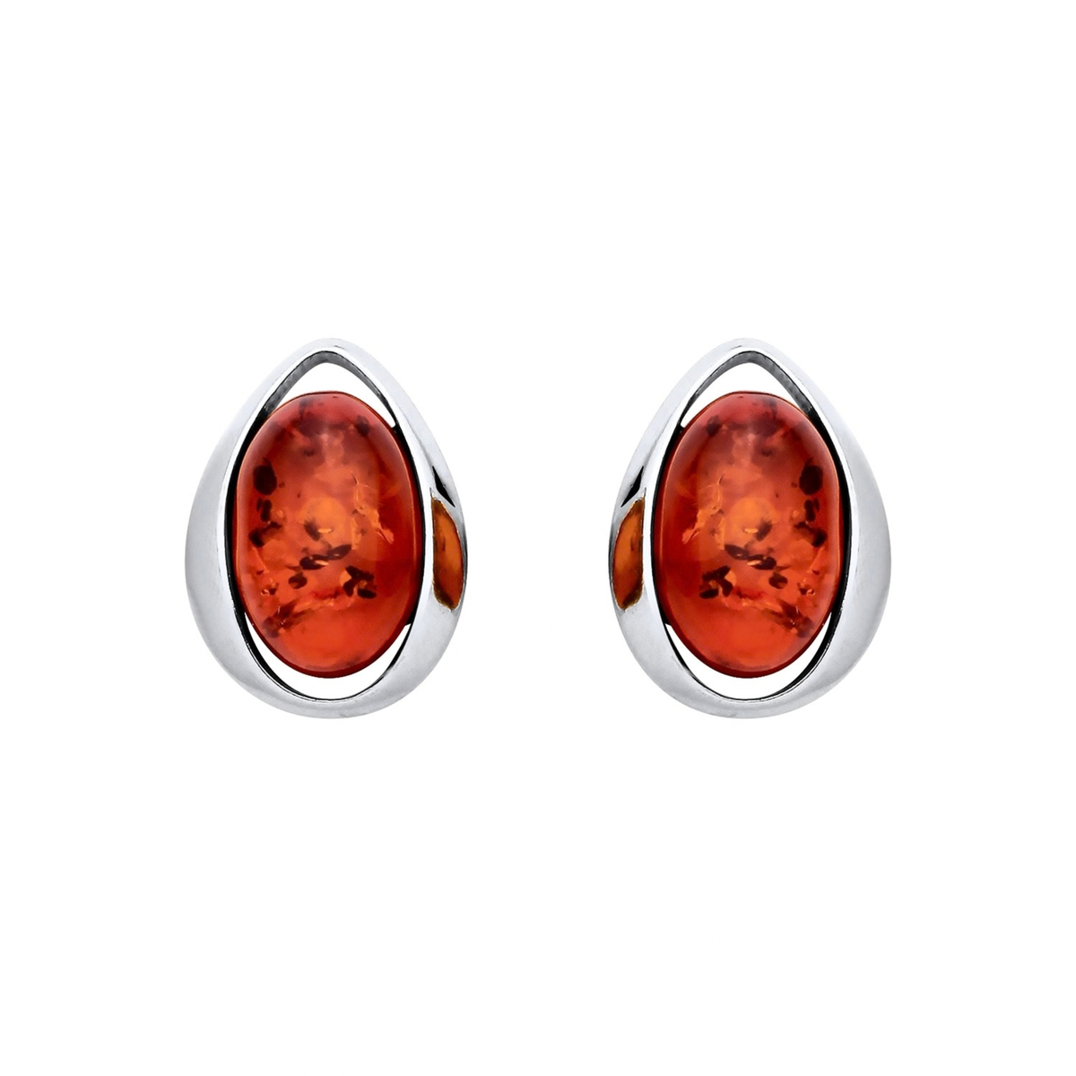 Sterling Silver Natural Baltic Amber Open Teardrop Oval Stud Earrings