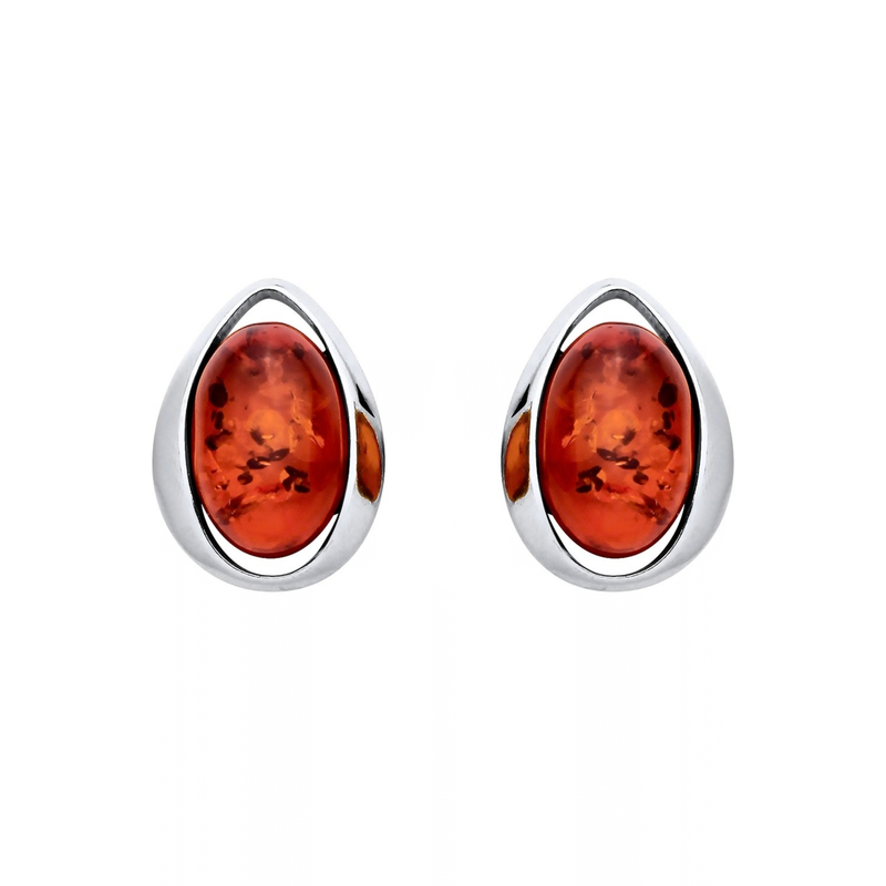Sterling Silver Natural Baltic Amber Open Teardrop Oval Stud Earrings
