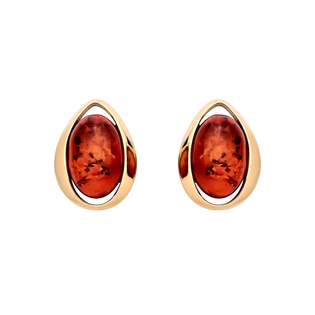 Gold Plated Sterling Silver Natural Baltic Amber Open Teardrop Oval Stud Earrings