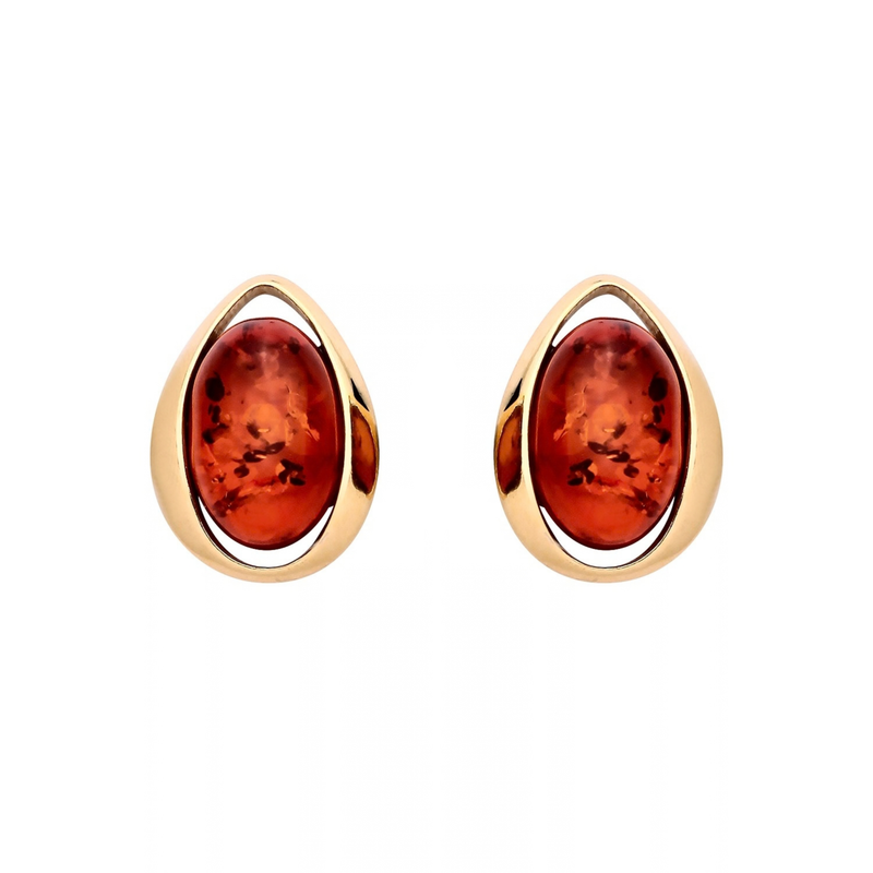 Gold Plated Sterling Silver Natural Baltic Amber Open Teardrop Oval Stud Earrings