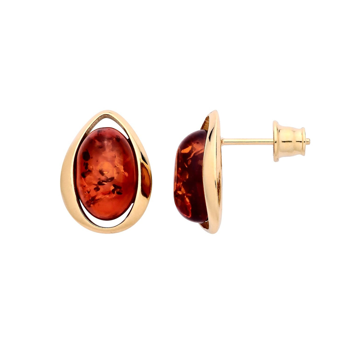 Gold Plated Sterling Silver Natural Baltic Amber Open Teardrop Oval Stud Earrings
