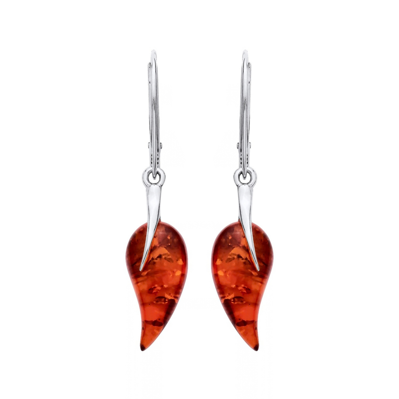 Sterling Silver Natural Baltic Amber Curved Leaf Drop Earrings