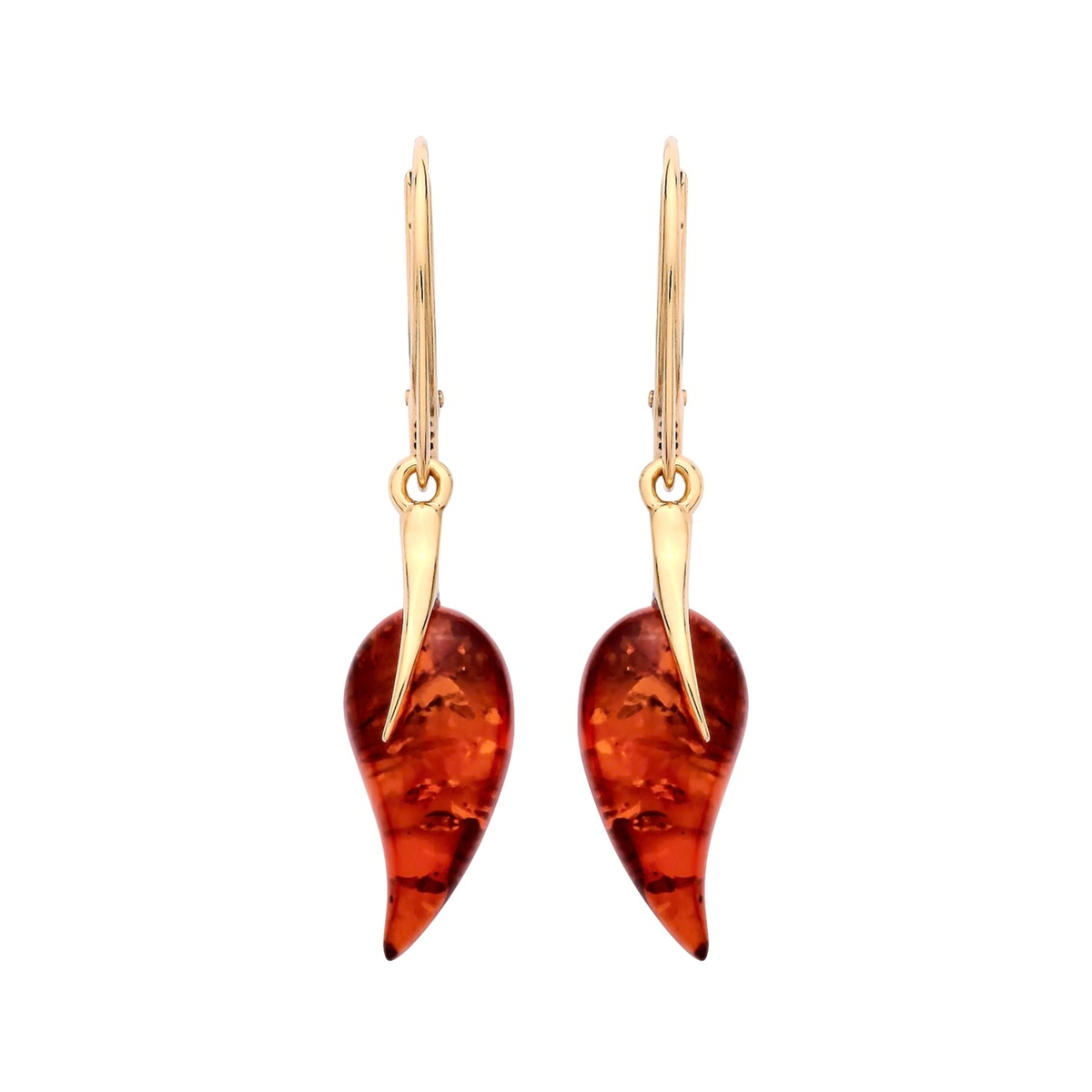 Gold Plated Sterling Silver Natural Baltic Amber Curved Leaf Drop Earrings