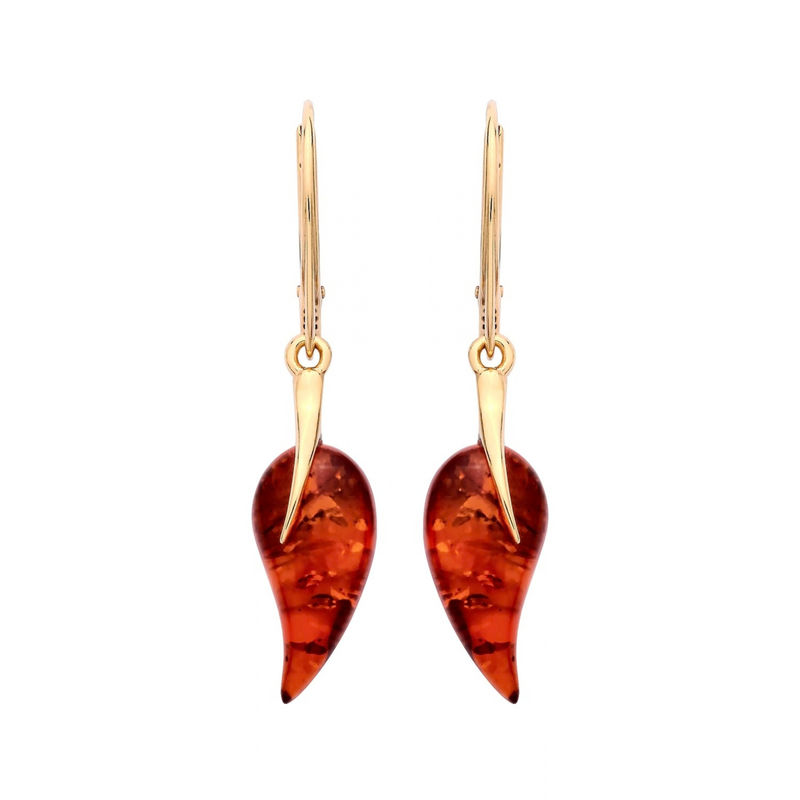 Gold Plated Sterling Silver Natural Baltic Amber Curved Leaf Drop Earrings