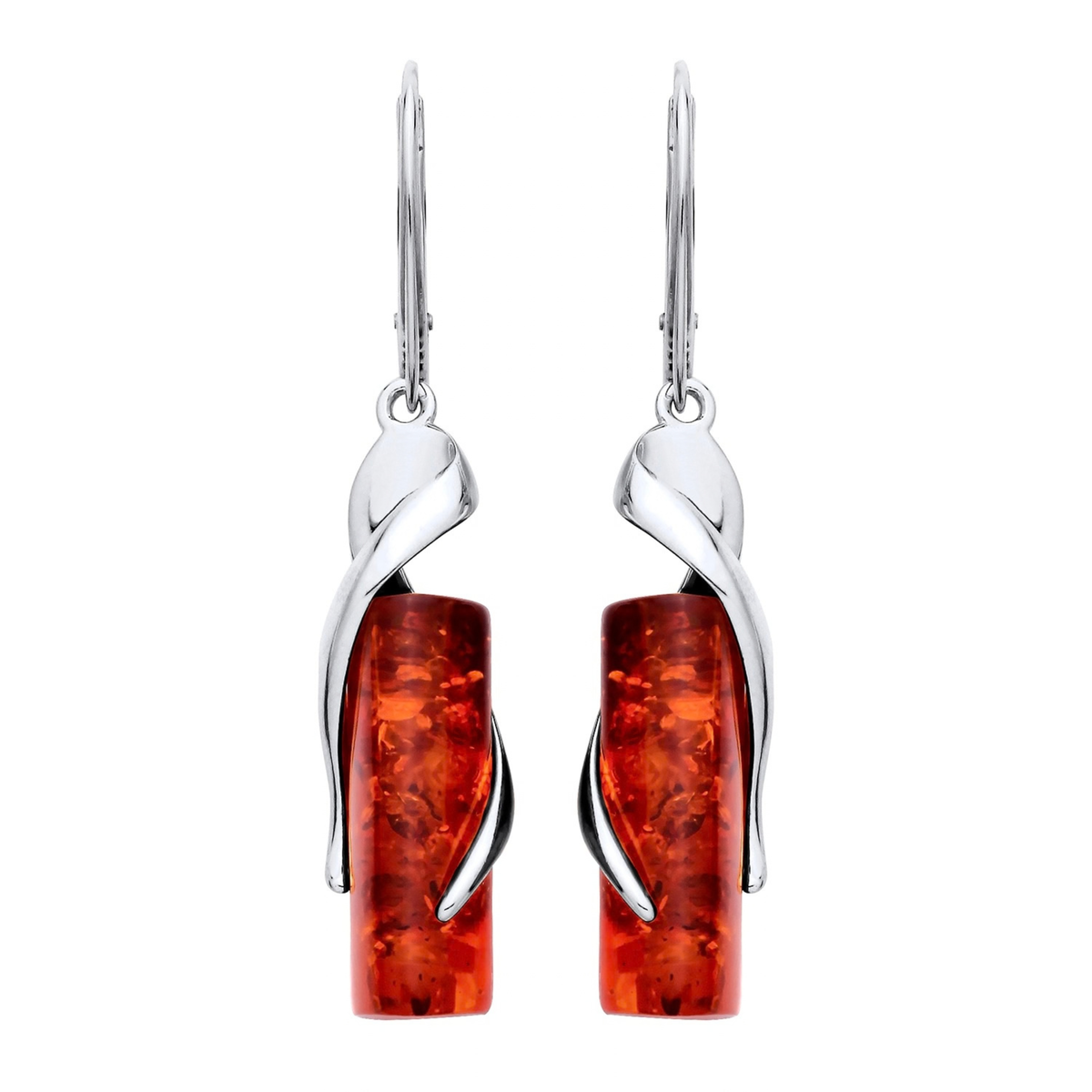 Sterling Silver Natural Baltic Amber Wrapped Column Drop Earrings