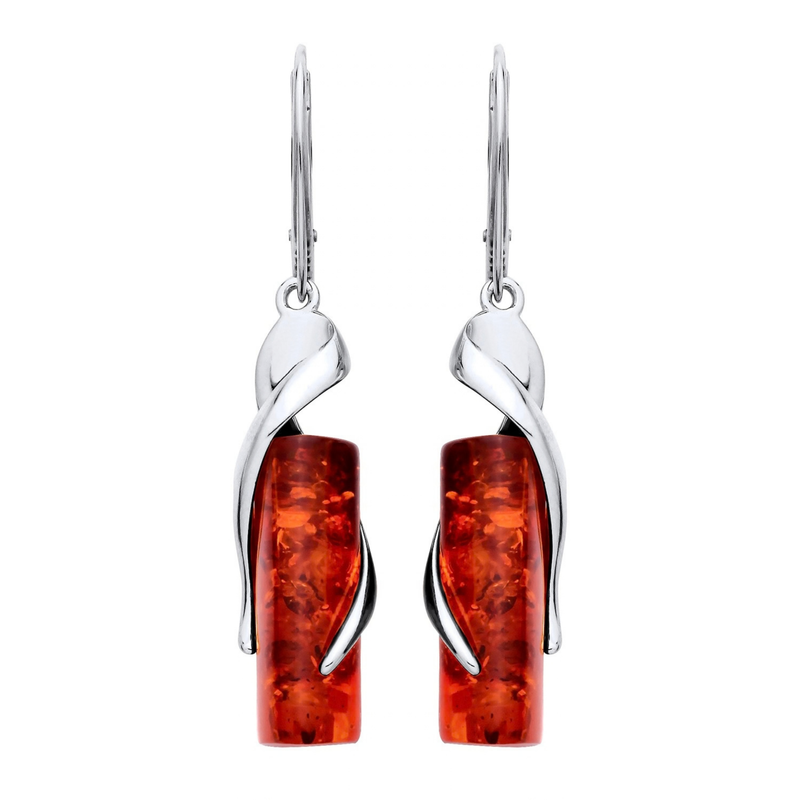 Sterling Silver Natural Baltic Amber Wrapped Column Drop Earrings