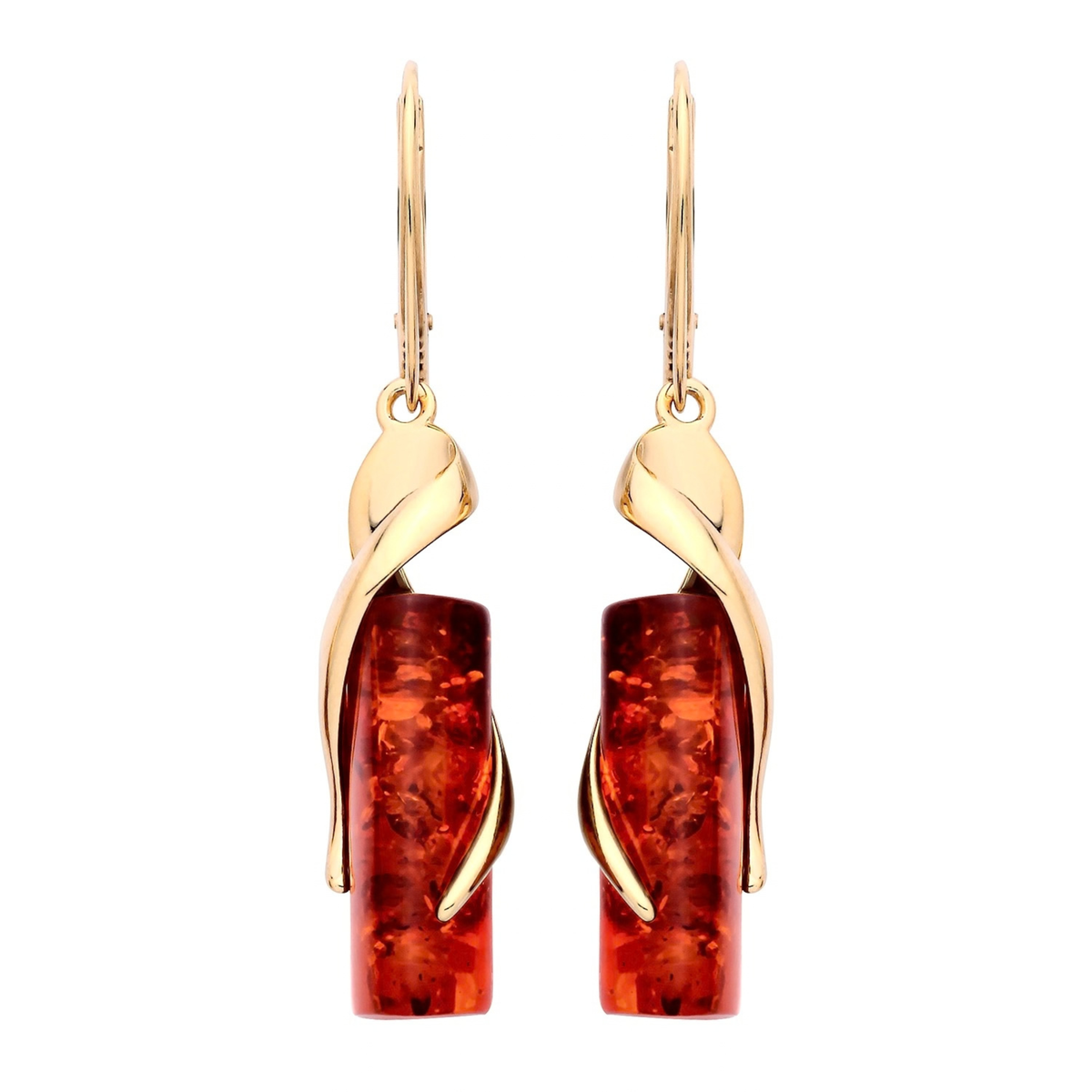 Gold Plated Sterling Silver Natural Baltic Amber Wrapped Column Drop Earrings
