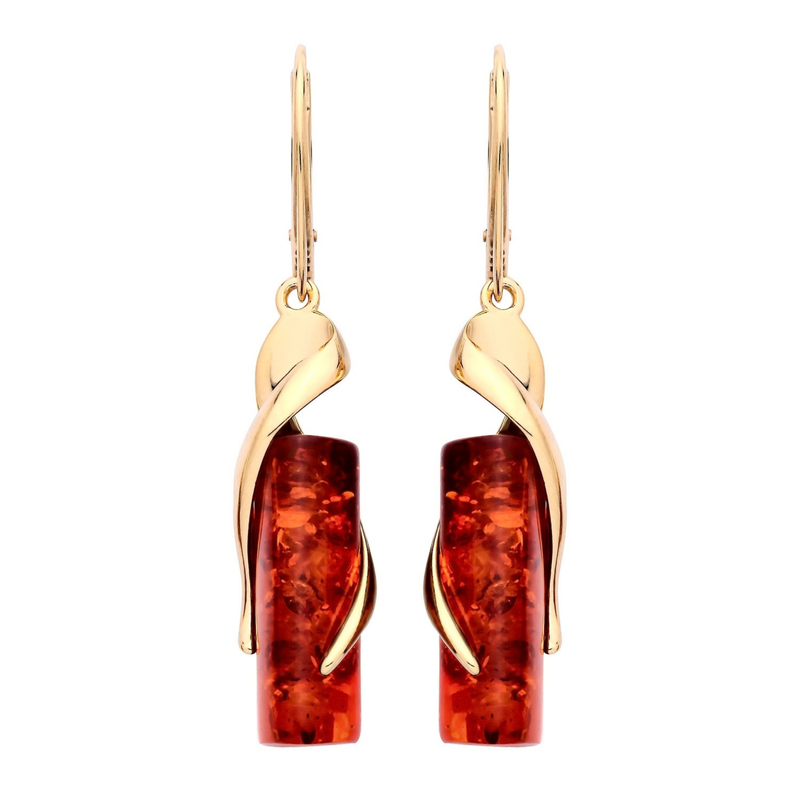 Gold Plated Sterling Silver Natural Baltic Amber Wrapped Column Drop Earrings