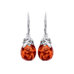 Sterling Silver Natural Baltic Amber Bee Cap Round Drop Earrings