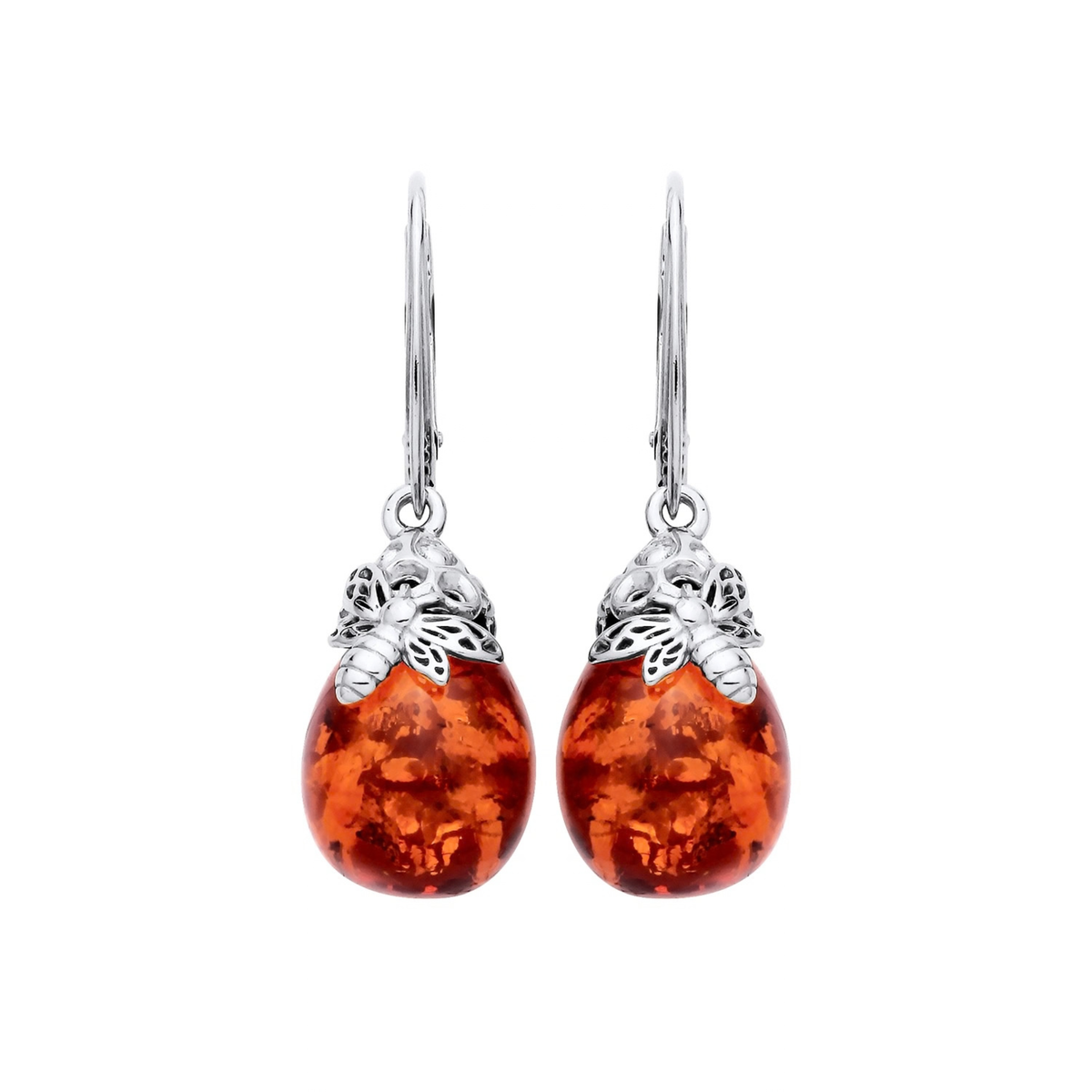 Sterling Silver Natural Baltic Amber Bee Cap Round Drop Earrings