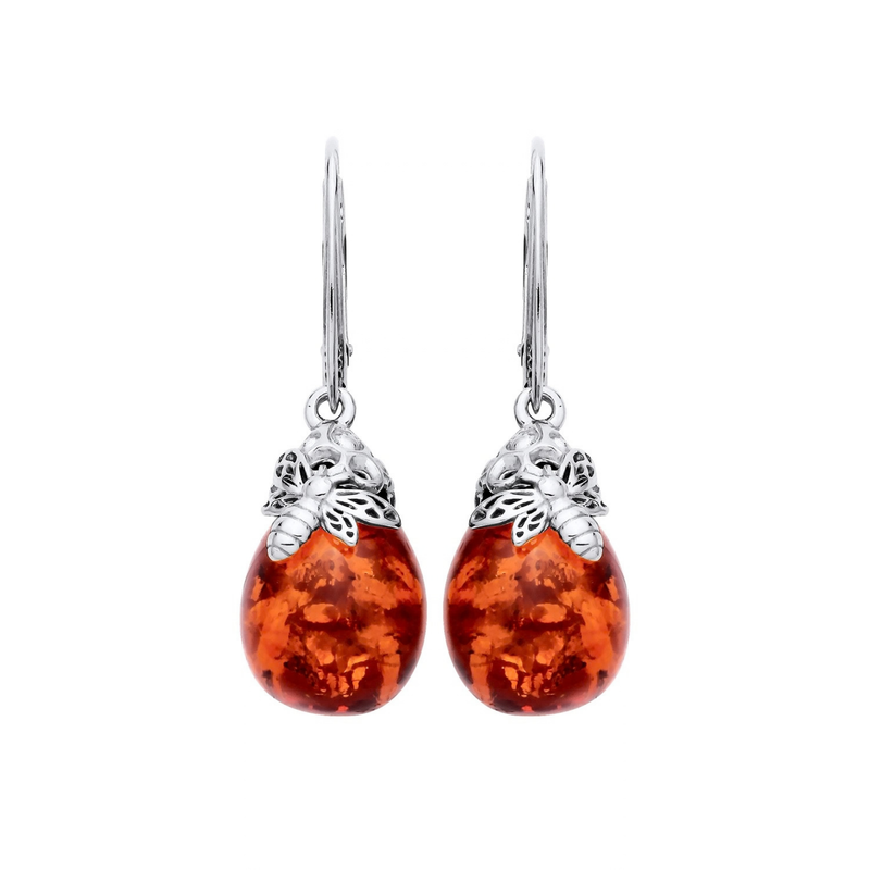 Sterling Silver Natural Baltic Amber Bee Cap Round Drop Earrings