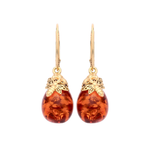 Gold Plated Sterling Silver Natural Baltic Amber Bee Cap Round Drop Earrings