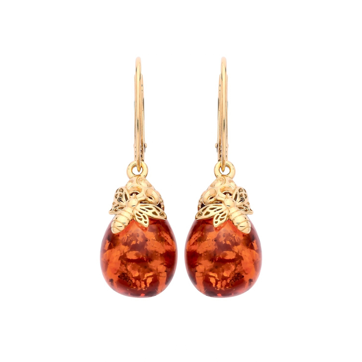 Gold Plated Sterling Silver Natural Baltic Amber Bee Cap Round Drop Earrings