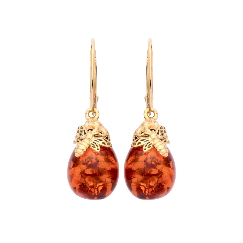 Gold Plated Sterling Silver Natural Baltic Amber Bee Cap Round Drop Earrings
