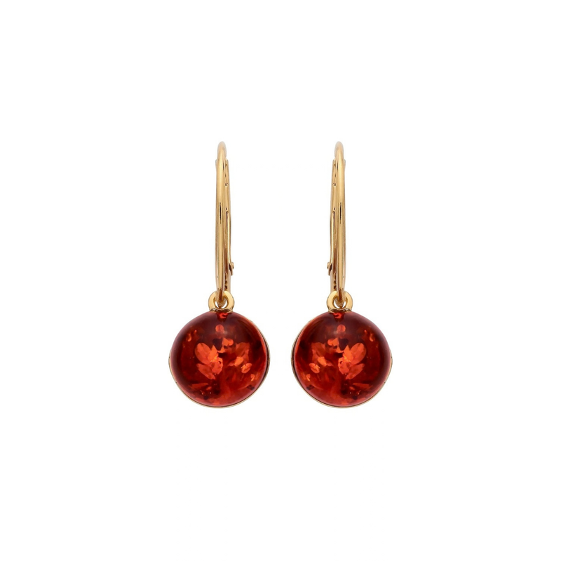 Gold Plated Sterling Silver Natural Baltic Amber Round Drop Earrings